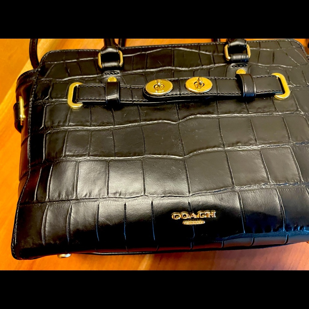 Coach Swagger 27 Croc- Embossed Leather Carryall Black Satchal